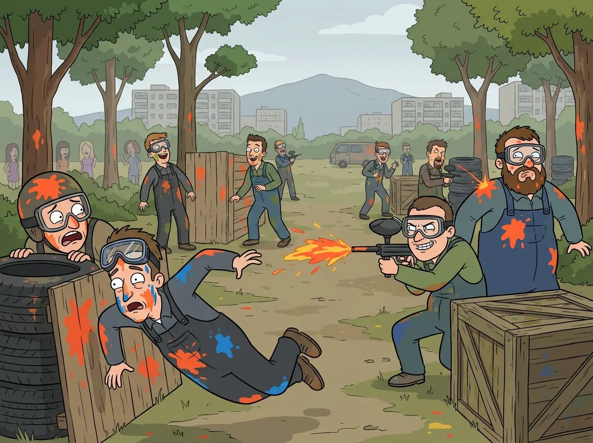 Cartoon of a stag group mid paintball battle in a Sofia woodland, one lad diving behind a barricade as another opens fire