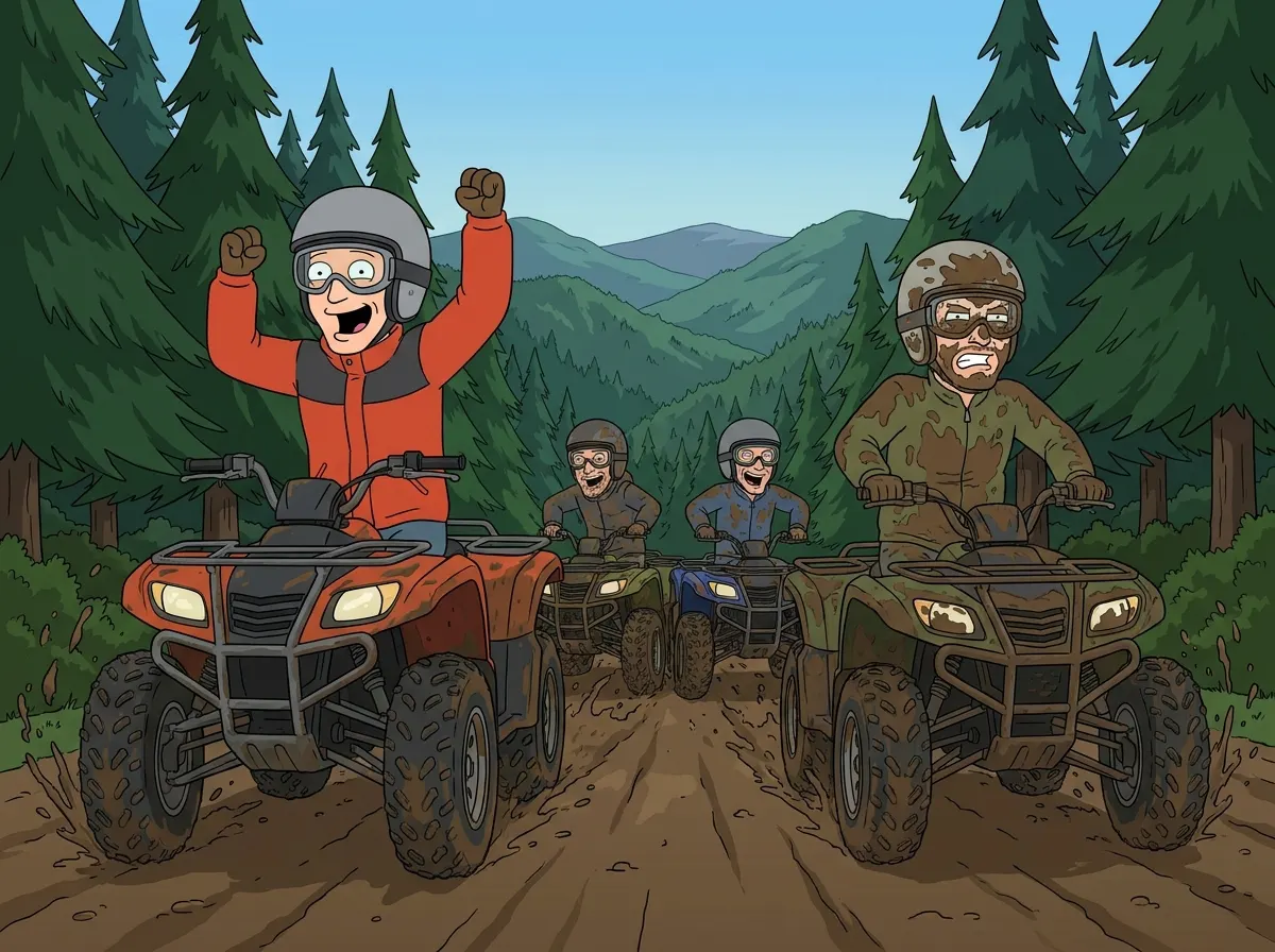 Four British lads riding quad bikes two abreast along a muddy forest trail in the mountains, the groom-to-be at the front whooping with both fists in the air.