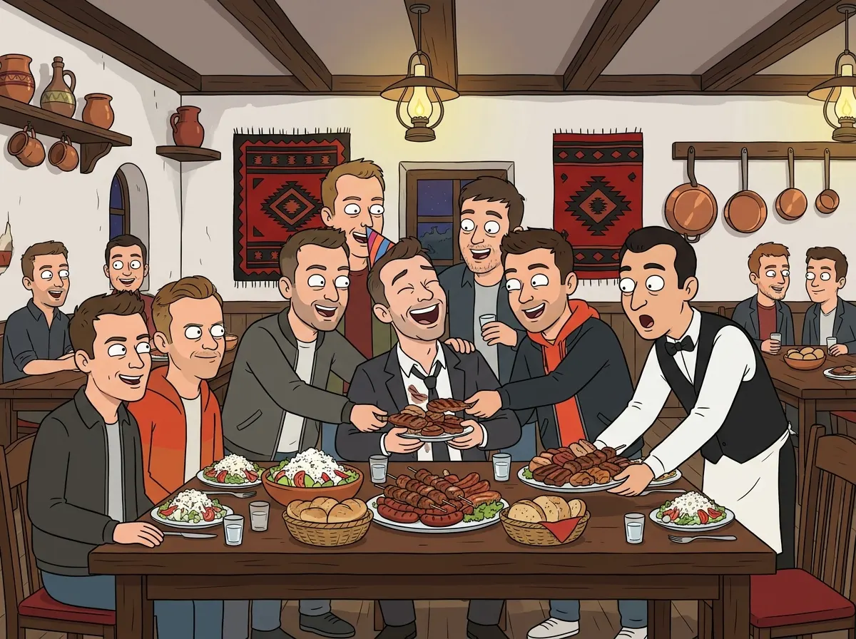 A group of lads sharing platters of grilled meat and shopska salad round one long table in a traditional Bulgarian tavern in Sofia