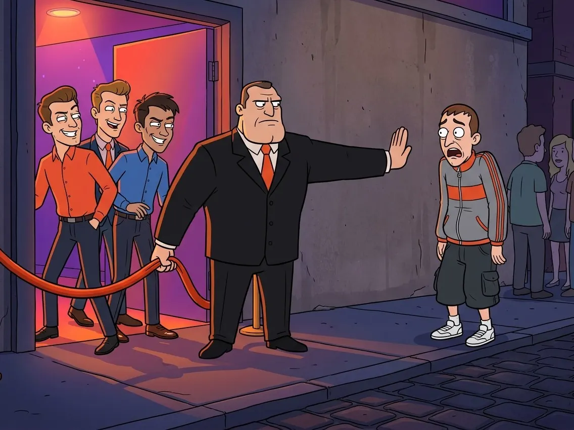 At a Sofia club door, a bouncer holds the rope for a smartly dressed group and stops their mate in trainers, a tracksuit top and cargo shorts.