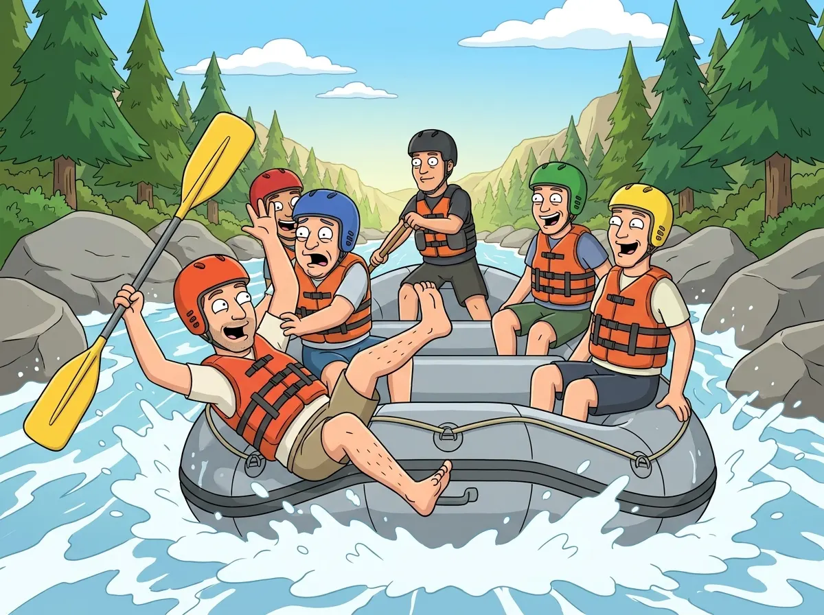 The group white-water rafting on a mountain river outside Sofia on a hot summer day, the groom-to-be tipping backwards out of the raft while a mate grabs his shoulder.