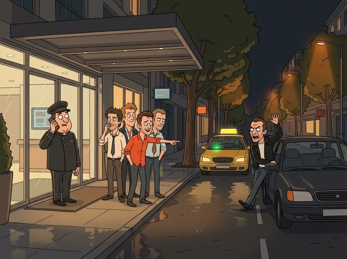 Outside a central Sofia hotel at night, the doorman phones for a taxi while a stag group waits under the canopy, ignoring a driver waving beside a dark car in the road as one lad points to a yellow licensed cab with a green light pulling up at the kerb.