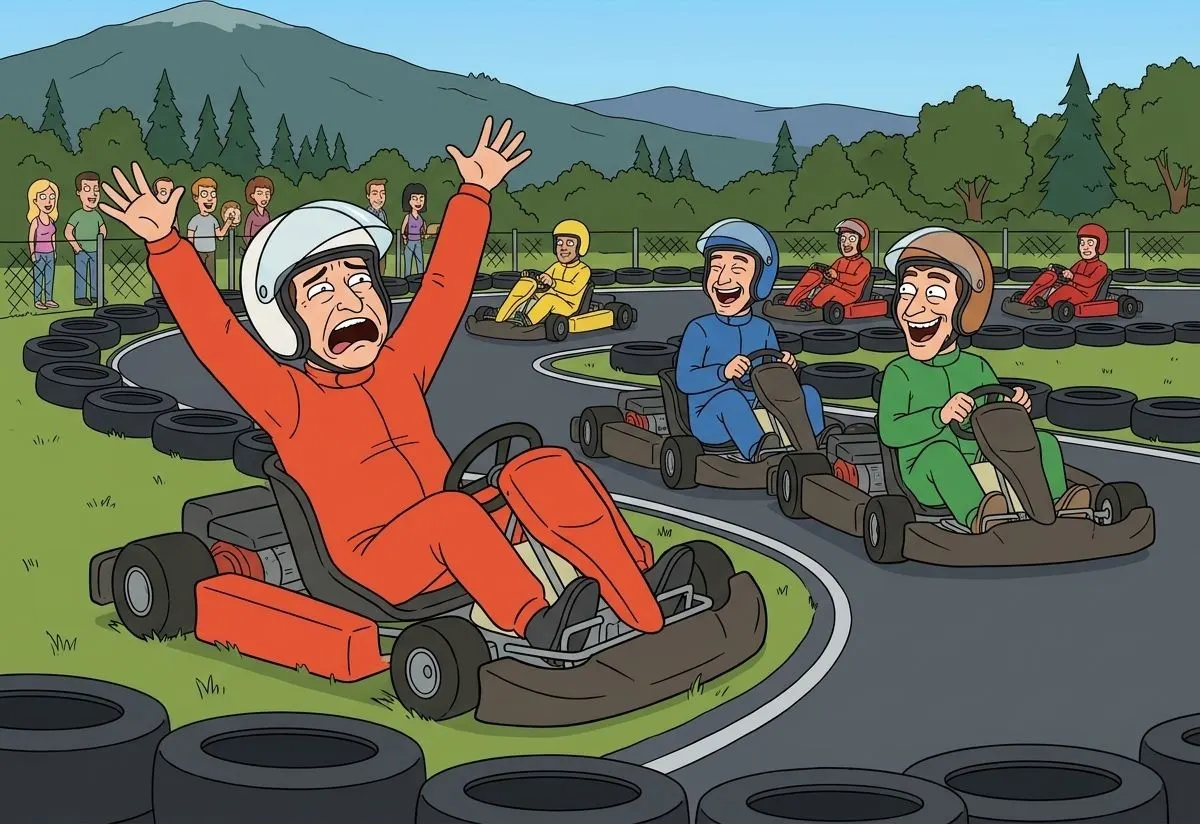 The group racing outdoor go-karts round a bend on a track outside Sofia, the groom-to-be spinning onto the grass while his mates overtake