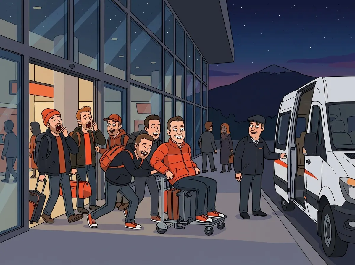 A group of British men leaving Sofia Airport arrivals after midnight with carry-on bags, the groom-to-be riding a luggage trolley towards a waiting minibus