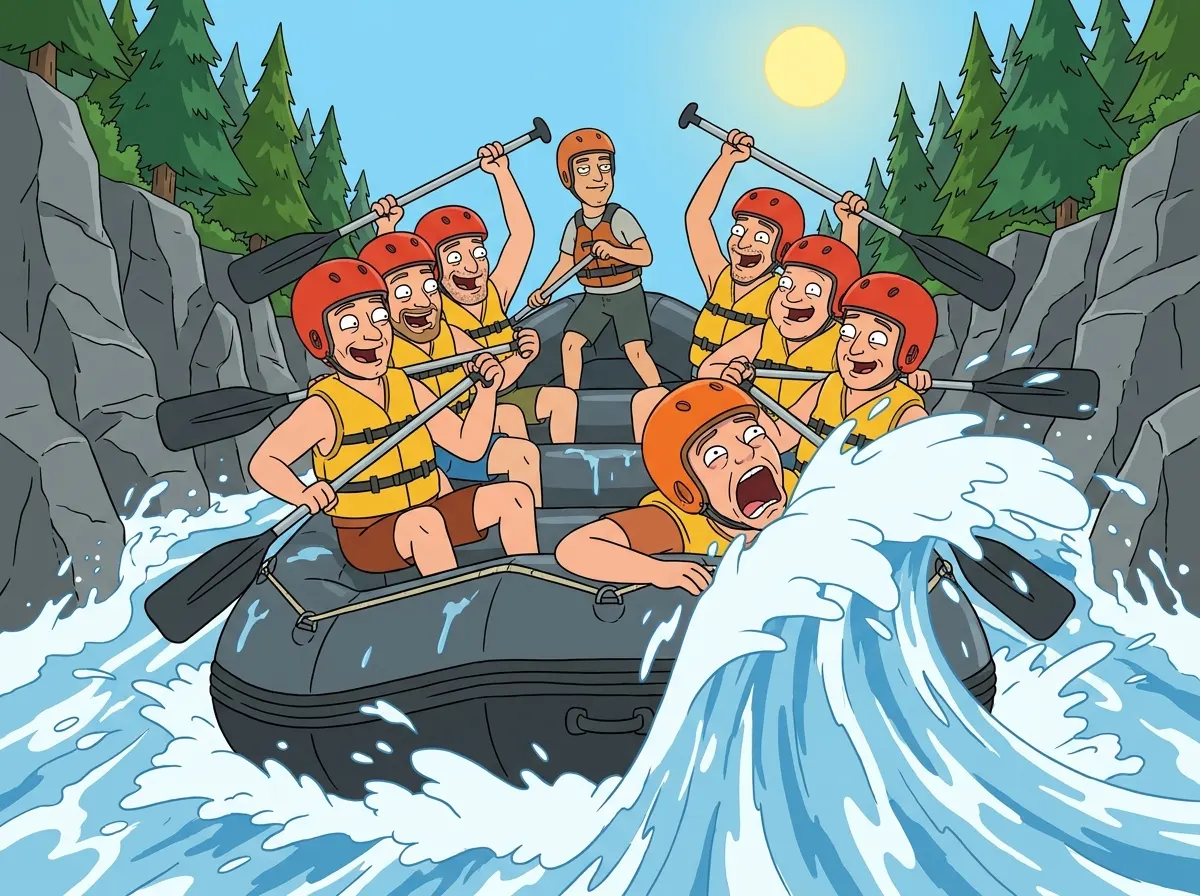 A group of British men in helmets and life jackets paddling a raft through a white-water rapid in a wooded mountain gorge outside Sofia.