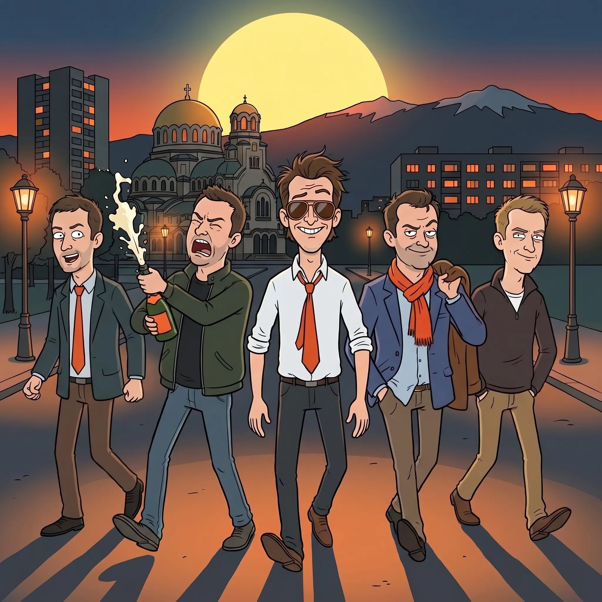 Five lads on a Sofia stag do striding down a boulevard at night, the groom in sunglasses in the middle