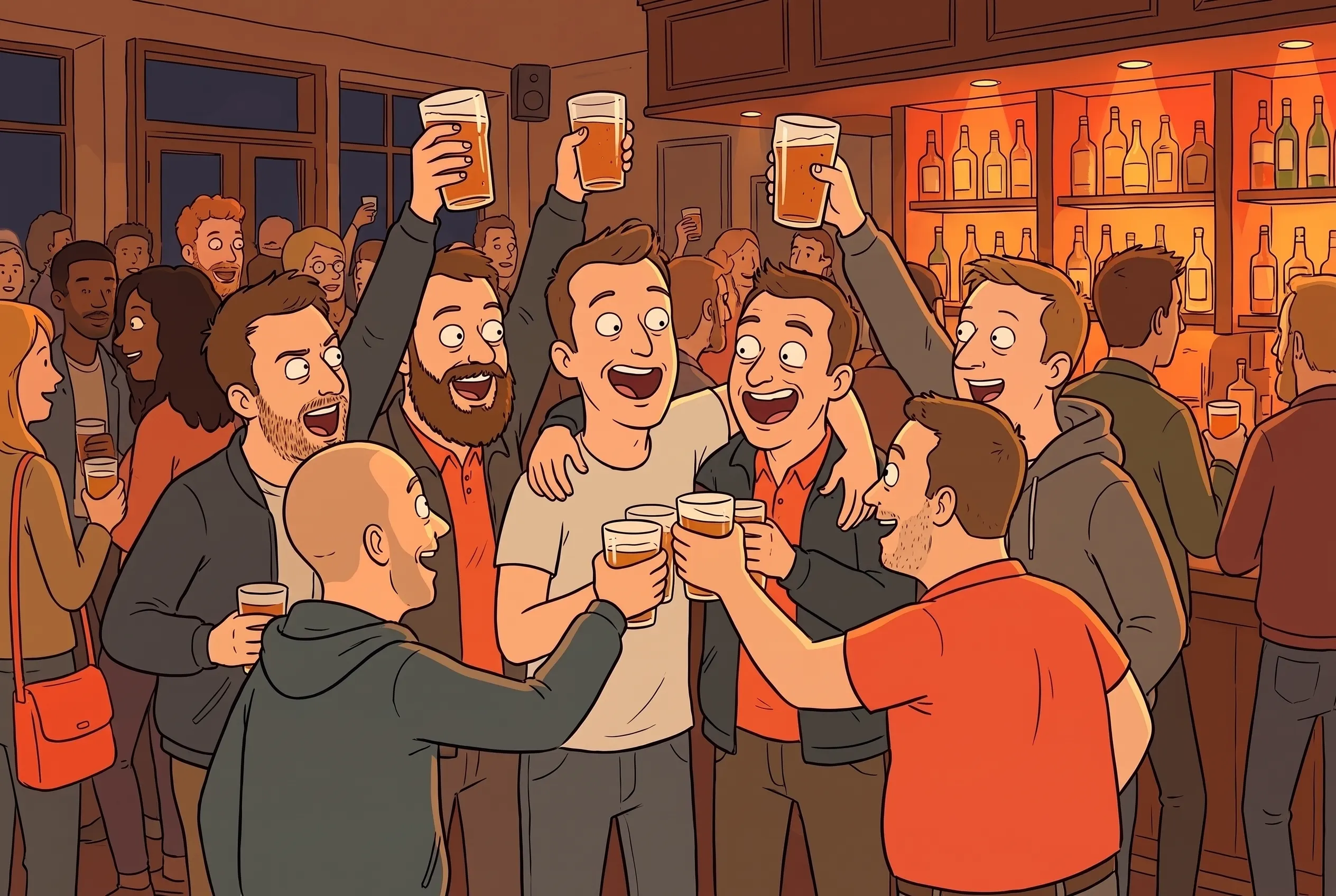 A stag group raising their drinks together in a packed Sofia bar